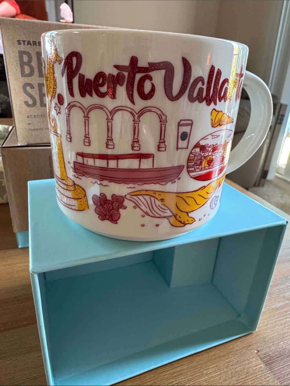 Starbucks 14 oz Puerto Vallarta Ceramic Mug - White with Red & Yellow Artwork